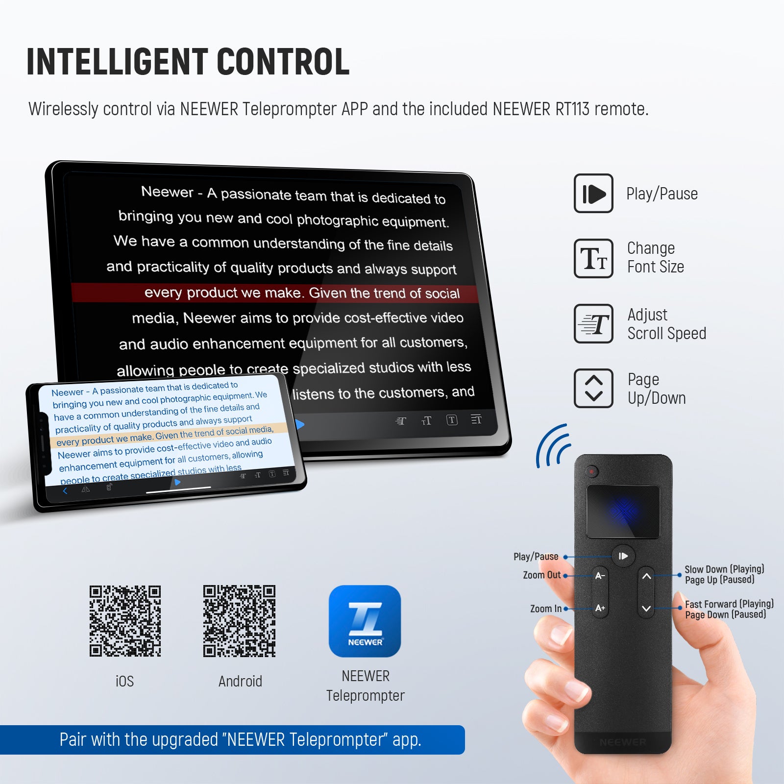 INTELLIGENT CONTROL 图示：遥控器各按键与 app 功能对应